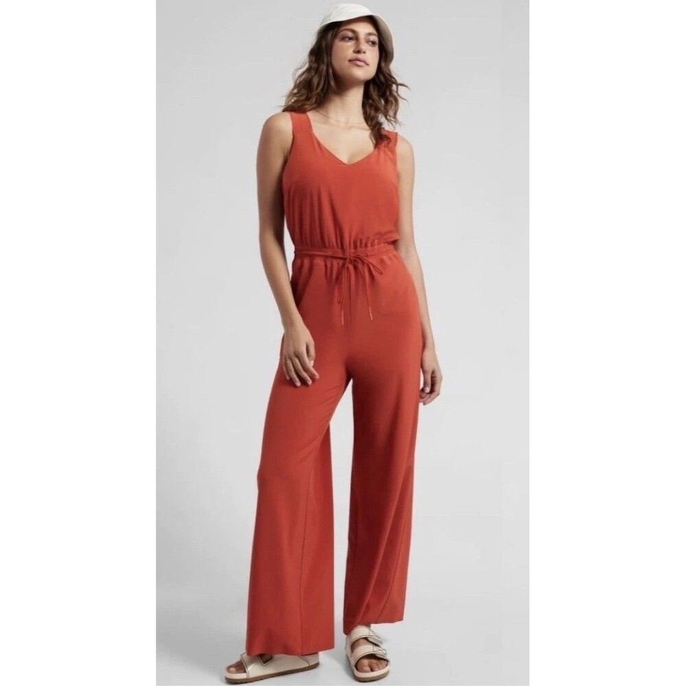 Athleta Savannah Jumpsuit Sz 14 Rust OrangeCurrant Red Cinch Waist Wide Leg